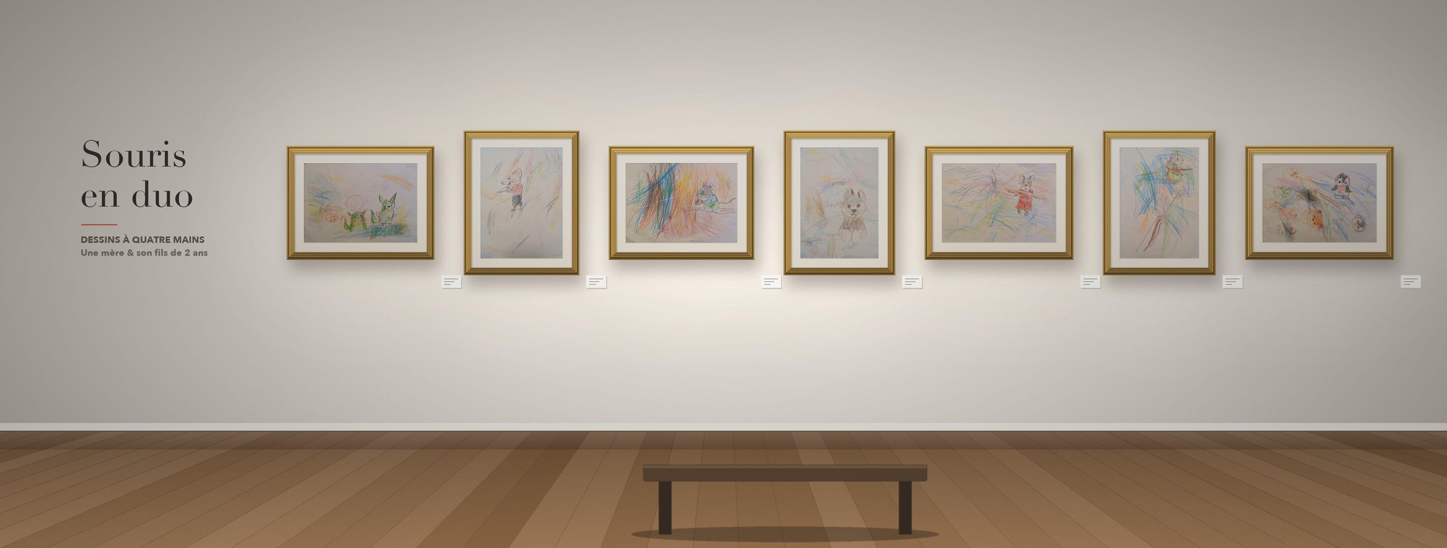 Vue de l'exposition : sept dessins encadrés d'or accrochés sur un mur blanc de galerie, un banc en bois au premier plan.